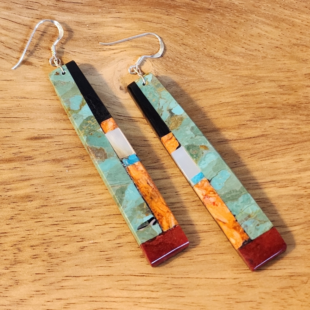 Native American Multi Stone Inlay Drop Earrings - Picture 5 of 15